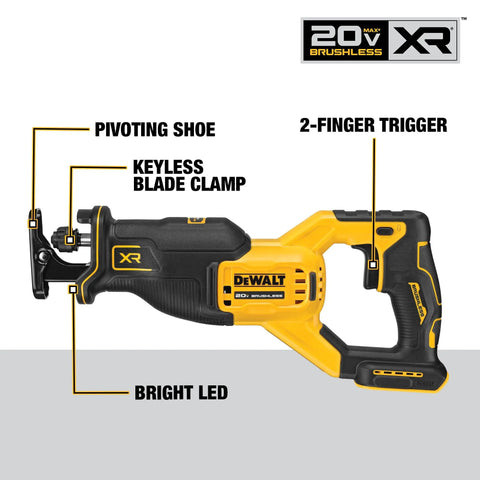 Heavy Duty Cordless Reciprocating Saw Powered By A Beefy Brushless Motor And Snappy Variable Trigger, Keyless Blade Clamp, Compact Badass Frame designed with pivoting shoe and bright LED.