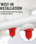 Heavy Duty Automatic Poultry Watering Nipples With Screw Style Mounting For Chickens Ducks Geese Bold Red Plastic Build secured to PVC pipe.