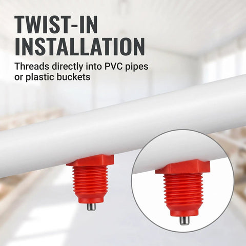 Heavy Duty Automatic Poultry Watering Nipples With Screw Style Mounting For Chickens Ducks Geese Bold Red Plastic Build secured to PVC pipe.