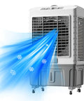 Beat The Sweltering Heat With This Hella Smooth Evaporative Air Cooler Portable 3 Speed Swamp Fan Offering 120 Degree Oscillation And Huge 55L Water Tank 3-speed swamp fan with blue airflow, showcasing cooling capabilities.
