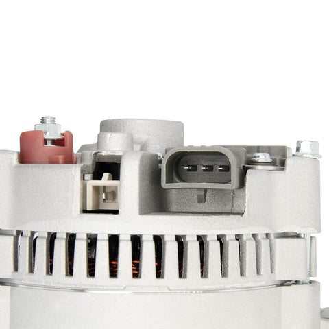 Close-up of alternator replacement for 1994 to 2005 Ford Ranger Explorer Escort Aerostar F150 F250 F350 1996 to 2005 Mazda B Series Mercury Tracer V6 V8 L4 plug and play OEM style high output auto electrical part