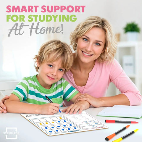 Adult and child using Double-Sided Dry Erase Math Board For Kids With Bar Model, Ten Frame, Number Line, And 1 To 120 Chart at home.