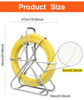 Heavy Duty Pro Grade Fiberglass Duct Rodder Fish Tape 6mm x 500ft Cable Puller with Durable Steel Stand, dimensions shown