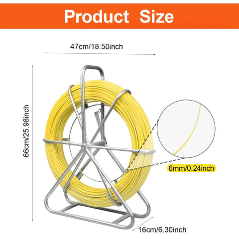 Heavy Duty Pro Grade Fiberglass Duct Rodder Fish Tape 6mm x 500ft Cable Puller with Durable Steel Stand, dimensions shown