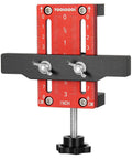 Aluminum Alloy Cabinet Door Mounting Jig with Built In Screw Clamp, CNC milled, 10-70mm clamp range, red and black design.