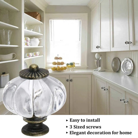 Clear Acrylic Pumpkin Cabinet Knobs Set Of 20 Vintage Decorative Pulls in a kitchen with white cabinets.