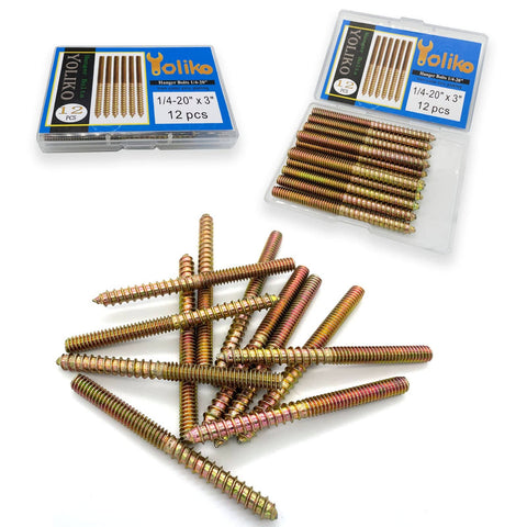 12 Pack 1/4 20 X 3 Inch Hanger Bolts For Furniture, Double Ended Wood Dowel Screws, Carbon Steel With Galvanized Finish