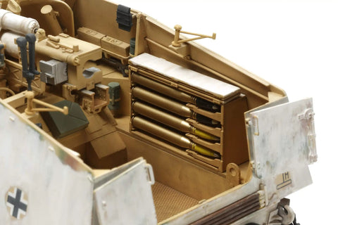Interior view of Beefy 1/35 Nashhorn Heavy Tank Destroyer Kit with detailed fighting compartment and ammunition storage.