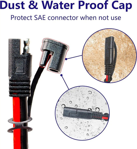 Beefy Two Pack 10 AWG 2 Foot SAE To O Ring Terminal Quick Disconnect Charger Cable with dust and water proof cap