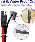 Close-up of 10 AWG 2 Ft Charger Cable With SAE To O Ring Terminal Quick Disconnect Harness, dust and water proof cap details.