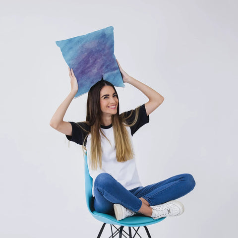 Woman holding pillow with Watercolor Sublimation Transfer Paper 12x12 Inches For Blank T Shirts Cups Coasters Mugs 8 Pieces Set.