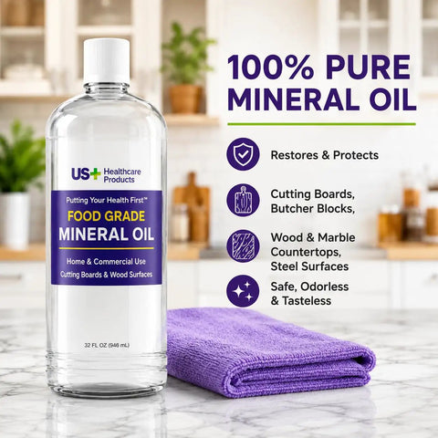 32oz Food Grade Mineral Oil For Cutting Boards And Wood Surfaces No Fuss Restores Protects And Seals Butcher Blocks Countertops And Steel Surfaces Keeps Wood Smooth Safe And Rust Free USP Verified bottle on kitchen counter next to purple cloth.