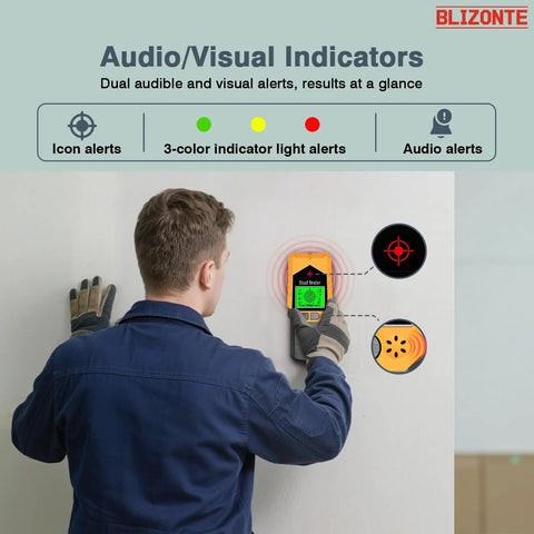 Person using BLIZONTE Stud Finder Wall Scanner, 6 In 1 Stud Finder Tool with Audible&Visual Alarm against wall.