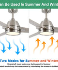 52-Inch Brushed Nickel Ceiling Fan With Remote Control And Dimmable LED Light, 3 Blades, showing summer and winter modes