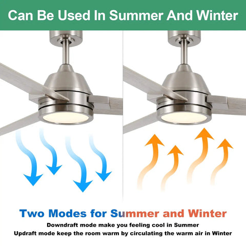 52-Inch Brushed Nickel Ceiling Fan With Remote Control And Dimmable LED Light, 3 Blades, showing summer and winter modes