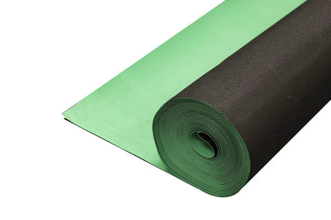 Heavy Duty Silent Vapor Barrier Underlayment For Vinyl Flooring 1.2mm Thick, black roll with green layer exposed for floor prep.