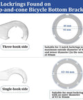 Diagram of Bottom Bracket Tool For Cup And Cone Bicycle Bottom Brackets Double Sided Lockring Wrench showing hook sizes
