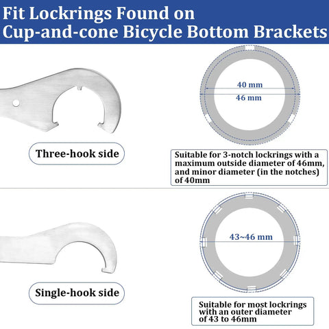 Diagram of Bottom Bracket Tool For Cup And Cone Bicycle Bottom Brackets Double Sided Lockring Wrench showing hook sizes