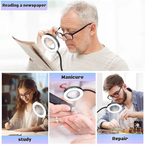 10X Lighted Magnifying Glass With Clip On Mount 48 LED Desk Clamp Magnifier for reading, studying, manicure, and repair tasks