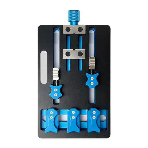 Grab And Go Adjustable Jaw Clamp Fixture For Motherboards And PCBs with blue clamps on black aluminum base.