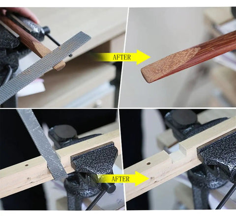 Heavy Duty Three Piece Wood Rasp File Set With Eight Inch Round Half Round And Flat Steel Files Featuring Soft Rubber Grip Handles For Pro Carpenters Knocking Down Rough Surfaces And Smoothing Hardwood Like A Champ, showing finished wood after file use.