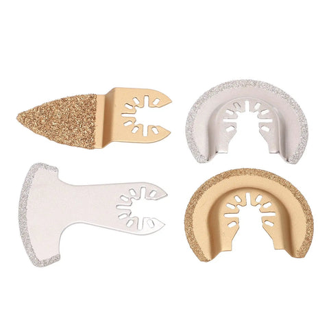 Four Piece Oscillating Saw Blades For Tile Concrete And Grout With Carbide Construction, shown in different shapes and finishes.