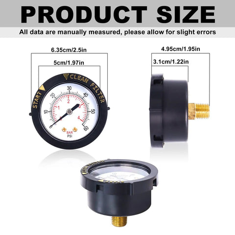 Rear Mount Pool Filter Pressure Gauge With 2.5 Inch Dial, Shatter Resistant Lens, Copper Threaded Connector, Plug And Play With Pentair 190059 Rear Mount Gauge, No Hassle Setup And Clear Readouts, front and side view