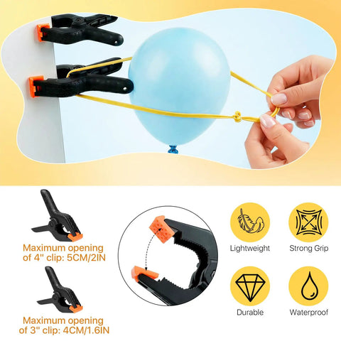 12 Piece Black Balloon Arch Clips Kit For Party, 3 Inch And 4 Inch Nylon, Includes Free Balloons, Flowers, Chains And Dots To Build Epic Backdrops Fast. Black clip holding yellow balloon string, 4-inch opening