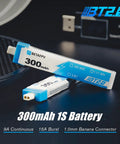 Eight Pack 300mAh 1S BT2.0 LiPo Battery with 1.0mm banana connector for tiny whoop brushless drones, 30C/60C discharge