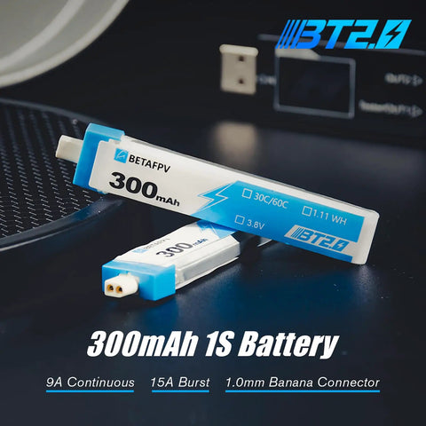 Eight Pack 300mAh 1S BT2.0 LiPo Battery with 1.0mm banana connector for tiny whoop brushless drones, 30C/60C discharge