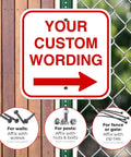 Customizable Square Left Or Right Arrow Sign For Office And Biz, Personalize With Your Wording, Durable American-Made Industrial Grade Directional Sign For Safety, Info, And Fun Office Decor. 12-inch aluminum right arrow sign on fence