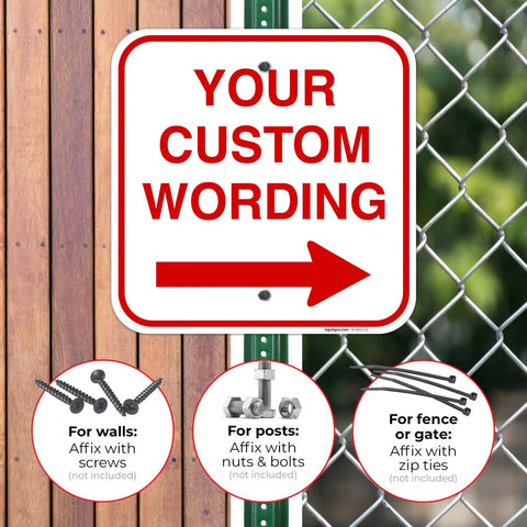 Customizable Square Left Or Right Arrow Sign For Office And Biz, Personalize With Your Wording, Durable American-Made Industrial Grade Directional Sign For Safety, Info, And Fun Office Decor. 12-inch aluminum right arrow sign on fence