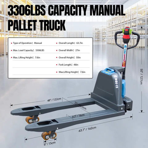 Solid Electric Pallet Jack With 3300 Lbs Capacity And Removable Lithium Battery For Heavy Lifting On Forks Plus Smooth Docks Factory Ride in warehouse.