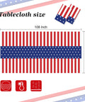 Patriotic Tablecloth Set Two Pack 54 By 108 Inch Disposable All American Flag Table Covers with size diagram and features icons