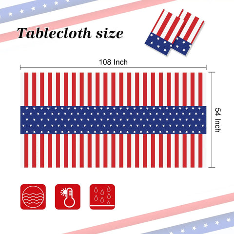 Patriotic Tablecloth Set Two Pack 54 By 108 Inch Disposable All American Flag Table Covers with size diagram and features icons