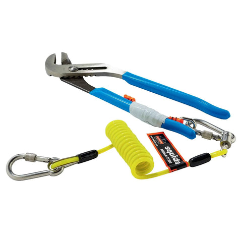 Squids 3180 Tool Tethering Kit for 2lb Tools ANSI ISEA 121-2018, shown with coiled nylon lanyard and attached hand tool.