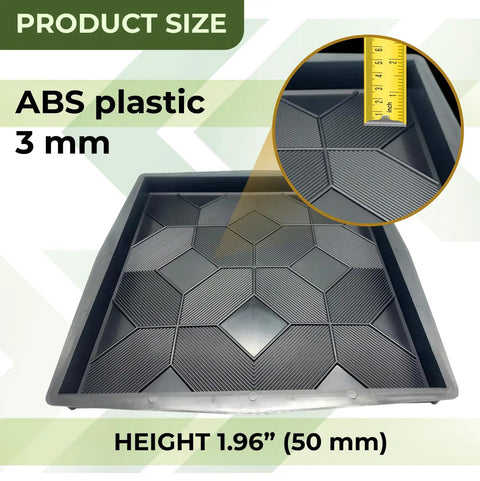 Plastic Molds For Concrete Patio Paving Slabs Chestnut Color Pathmaker Do It Yourself Paver Molds For Walkways Reusable Big Stone Tile Mold For Step Stones Backyard Landscaping showing ABS plastic 3mm thickness and size 50x50x5 cm with detailed close-up and measurement.