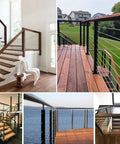 Collage showcasing Stainless Steel Stemball Swage Dead Ends 1/8 Inch for deck cable railings on various stairs and balconies.