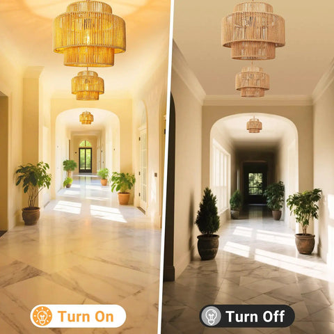 Hand Woven Rattan Plug In Hanging Light For Living Room Bedroom Kitchen Ceiling Pendant Fixture featuring warm glow in hallway.