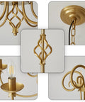 Close-up details of Gold Farmhouse Chandelier With Six Candle Style Lights, 26 Inch Hanging Fixture in Antique Brass Finish