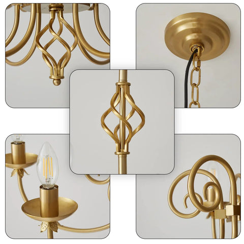Close-up details of Gold Farmhouse Chandelier With Six Candle Style Lights, 26 Inch Hanging Fixture in Antique Brass Finish