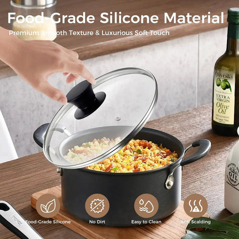 Person placing glass lid with Two Pack Silicone Pot Lid Knob Replacement on skillet filled with food