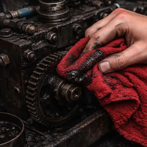 Hand using Extra Absorbent 13x17 Inches 12 Pack 100 Percent Cotton Shop Towels Reusable Cleaning Rags on greasy machinery.
