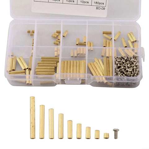 270 Piece M2 Brass Spacer Standoff Kit With Stainless Steel Screws And Nuts For Communication Devices And DIY Electronics Ideal For Prototyping Robotics 3D Printer Projects And Networking Gear, assorted brass spacers in organizer