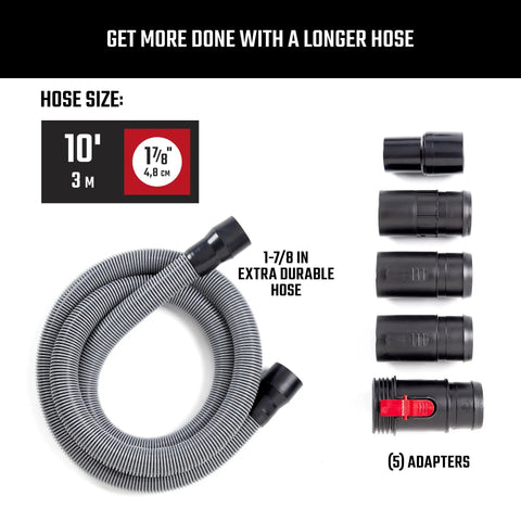 Pro Grade Wet Dry Vacuum Hose Attachment Kit 1.875 Inch Diameter Locking Hose with Adapters for Industrial Grade Cleaning