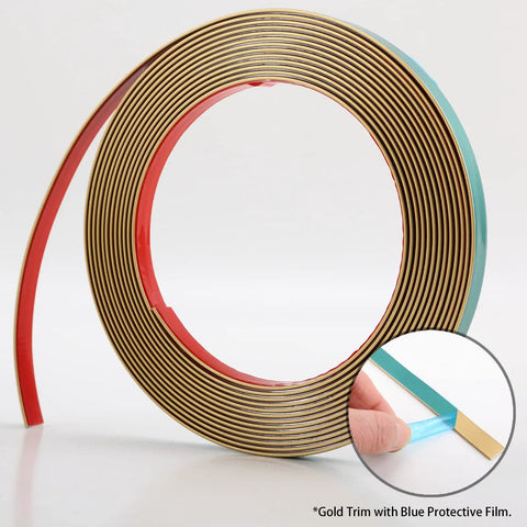 Matte Gold Peel And Stick Molding Trim, Flexible Mirror Border with blue protective film, roll of 5m by 0.66cm.