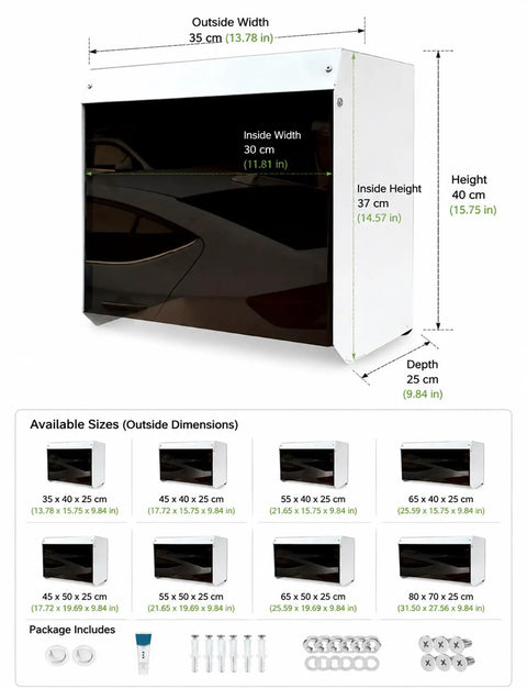 Heavy Duty Outdoor Ev Charger Rain Cover Featuring Galvanized Steel Construction And Wall Mount Spacing For Nasty Weather And Hella Tough Type Two Housing dimensions displayed.
