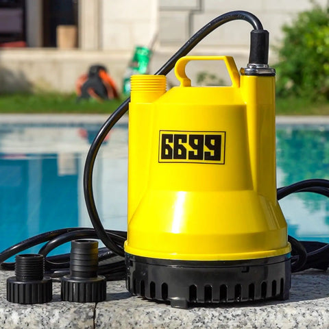 One Sixth Horsepower Portable Submersible Utility Pump For Home Flood Cleanup beside pool, yellow with black base