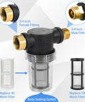 4 Pack Inline Water Filter Kit With 40 Mesh And 100 Mesh Screens for garden hose, showing fittings and mesh filter details.
