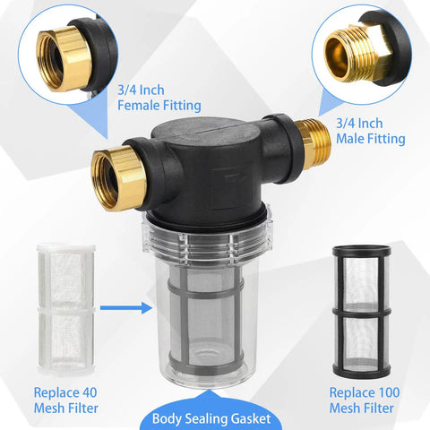 4 Pack Inline Water Filter Kit With 40 Mesh And 100 Mesh Screens for garden hose, showing fittings and mesh filter details.